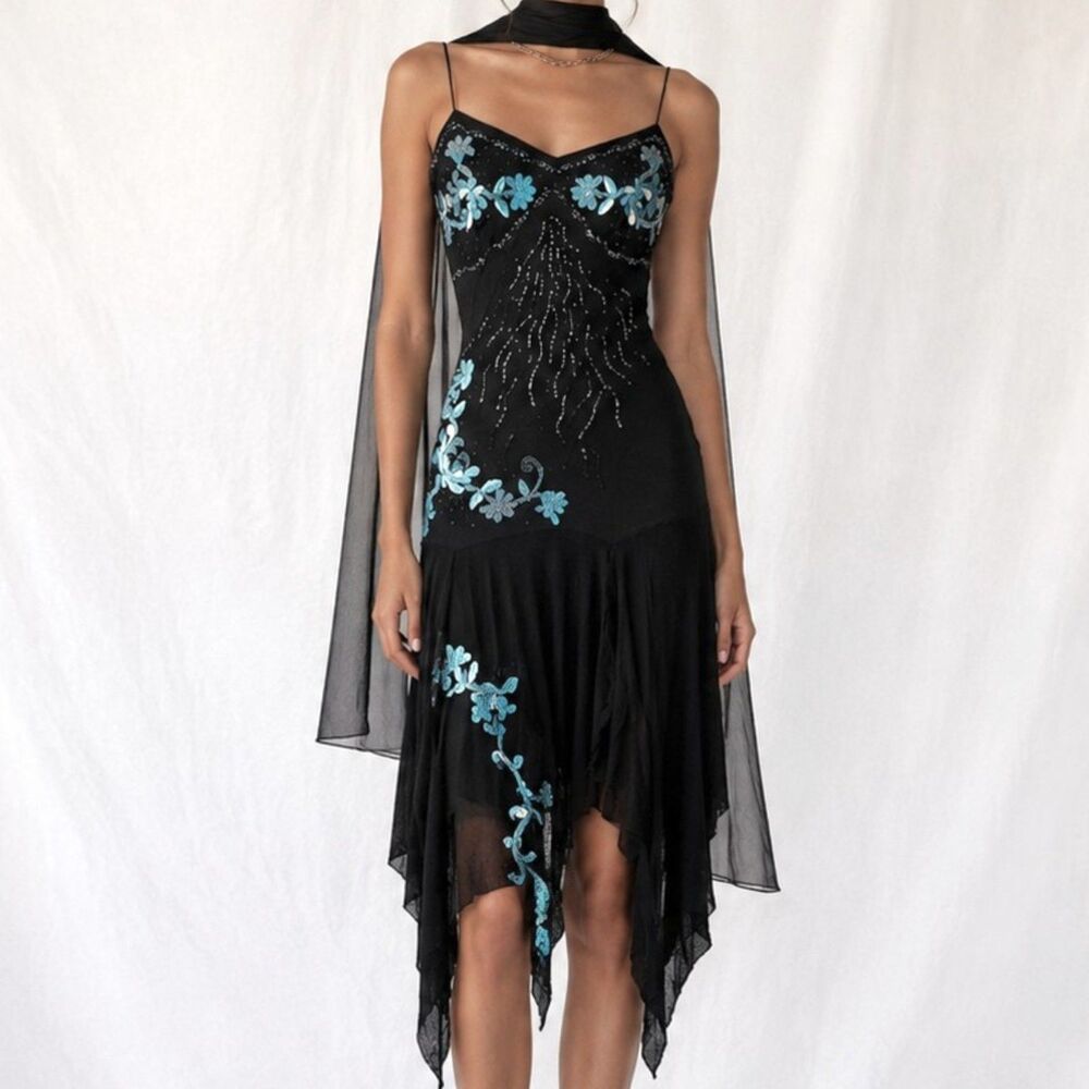 Vintage Black Blue Floral Beaded Silk Asymmetric Ruffle Midi Cocktail Prom Dress